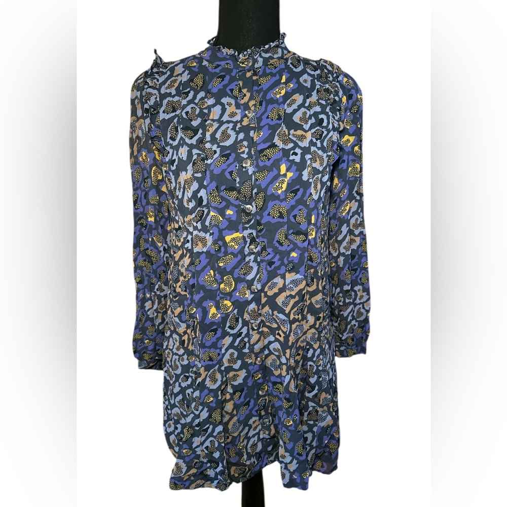 Anthropologie Navy Boho Print Mini Dress XXS long sleeve ruffle - Picture 2 of 11